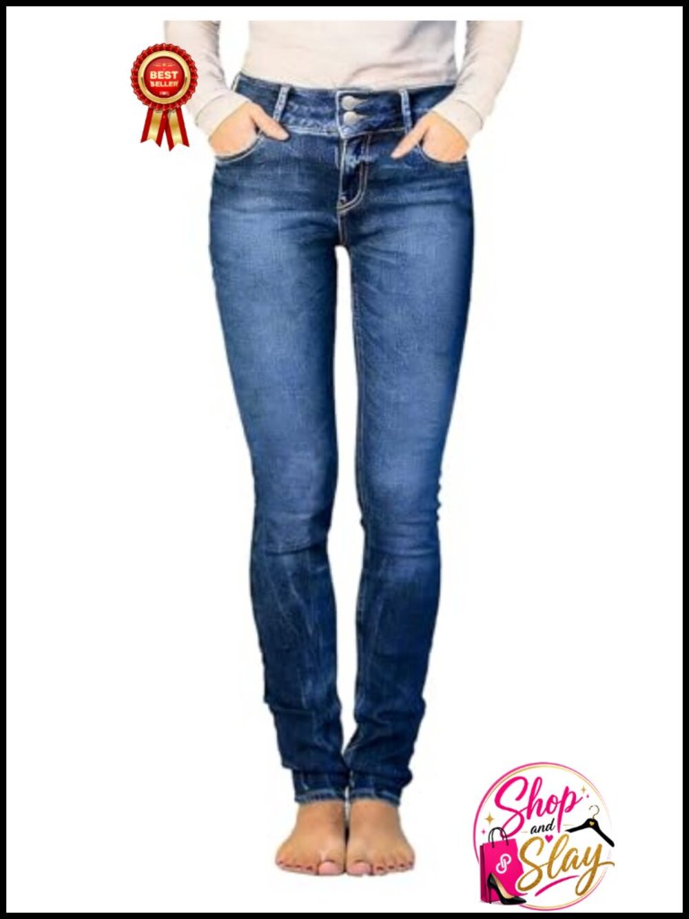 High Rise Skinny Jeans Butt Lifting Stretch Denim Double Button